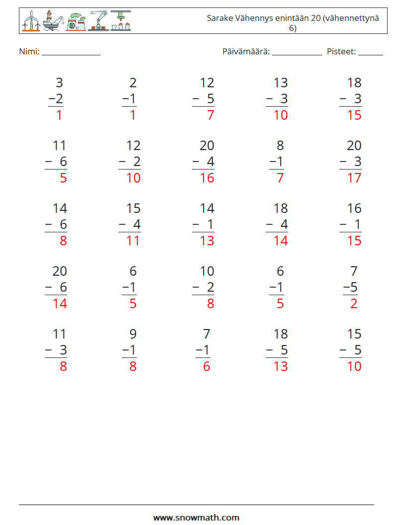 (25) Sarake Vähennys enintään 20 (vähennettynä 6) Matematiikan laskentataulukot 3 Kysymys, vastaus