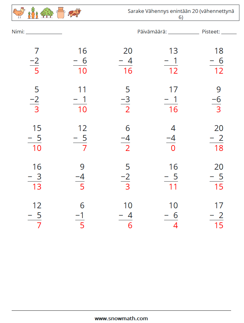 (25) Sarake Vähennys enintään 20 (vähennettynä 6) Matematiikan laskentataulukot 4 Kysymys, vastaus