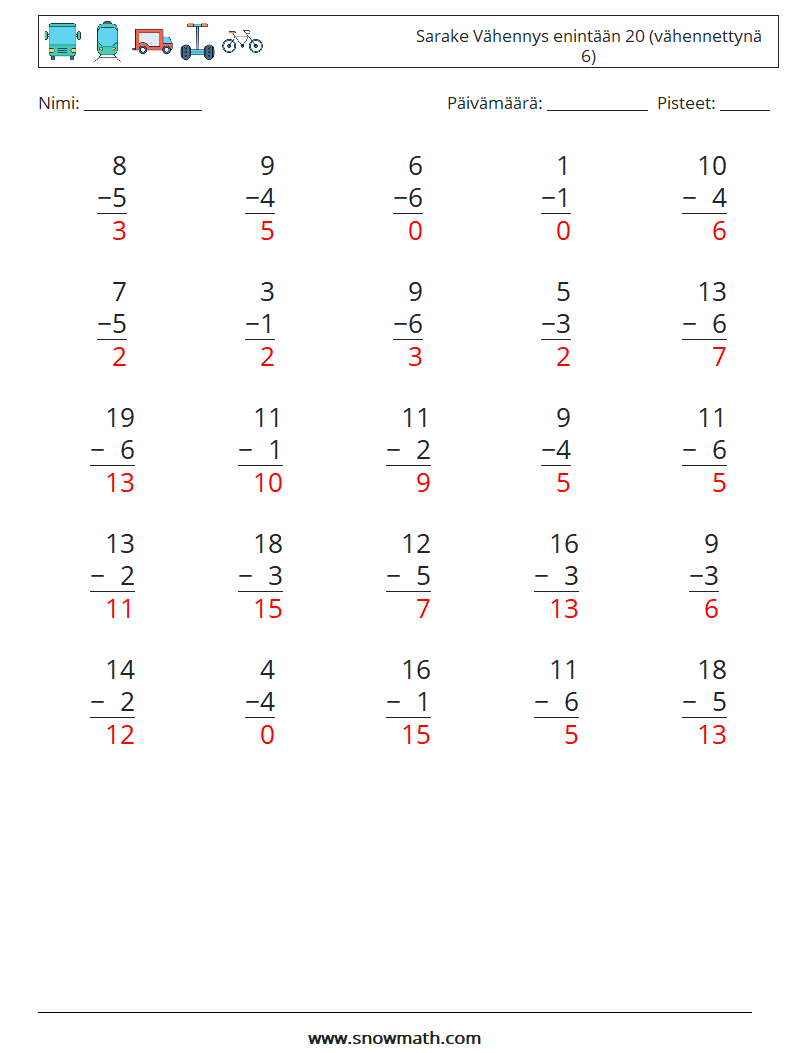 (25) Sarake Vähennys enintään 20 (vähennettynä 6) Matematiikan laskentataulukot 8 Kysymys, vastaus