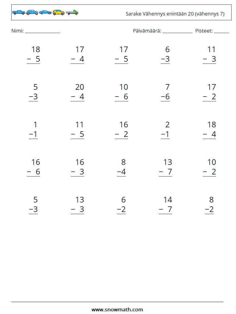 (25) Sarake Vähennys enintään 20 (vähennys 7) Matematiikan laskentataulukot 10