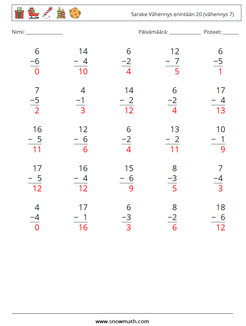 (25) Sarake Vähennys enintään 20 (vähennys 7) Matematiikan laskentataulukot 1 Kysymys, vastaus