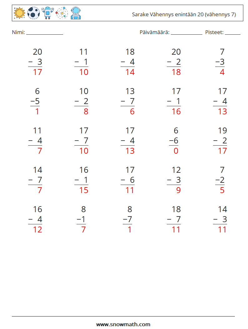 (25) Sarake Vähennys enintään 20 (vähennys 7) Matematiikan laskentataulukot 3 Kysymys, vastaus