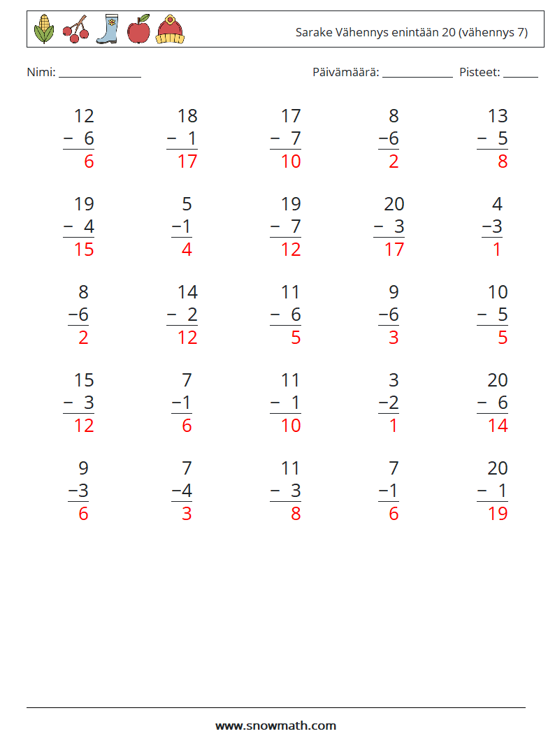 (25) Sarake Vähennys enintään 20 (vähennys 7) Matematiikan laskentataulukot 4 Kysymys, vastaus