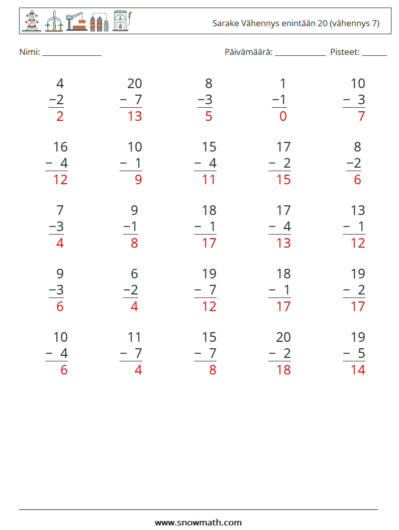 (25) Sarake Vähennys enintään 20 (vähennys 7) Matematiikan laskentataulukot 8 Kysymys, vastaus