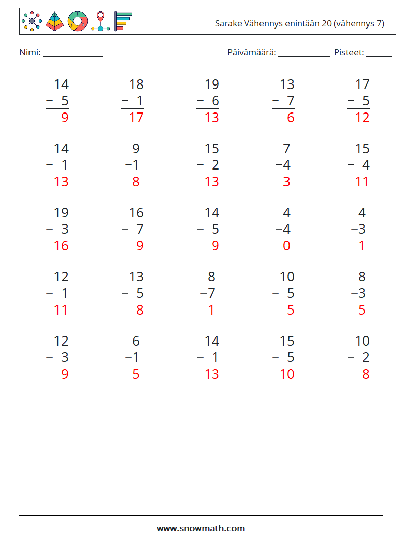 (25) Sarake Vähennys enintään 20 (vähennys 7) Matematiikan laskentataulukot 9 Kysymys, vastaus