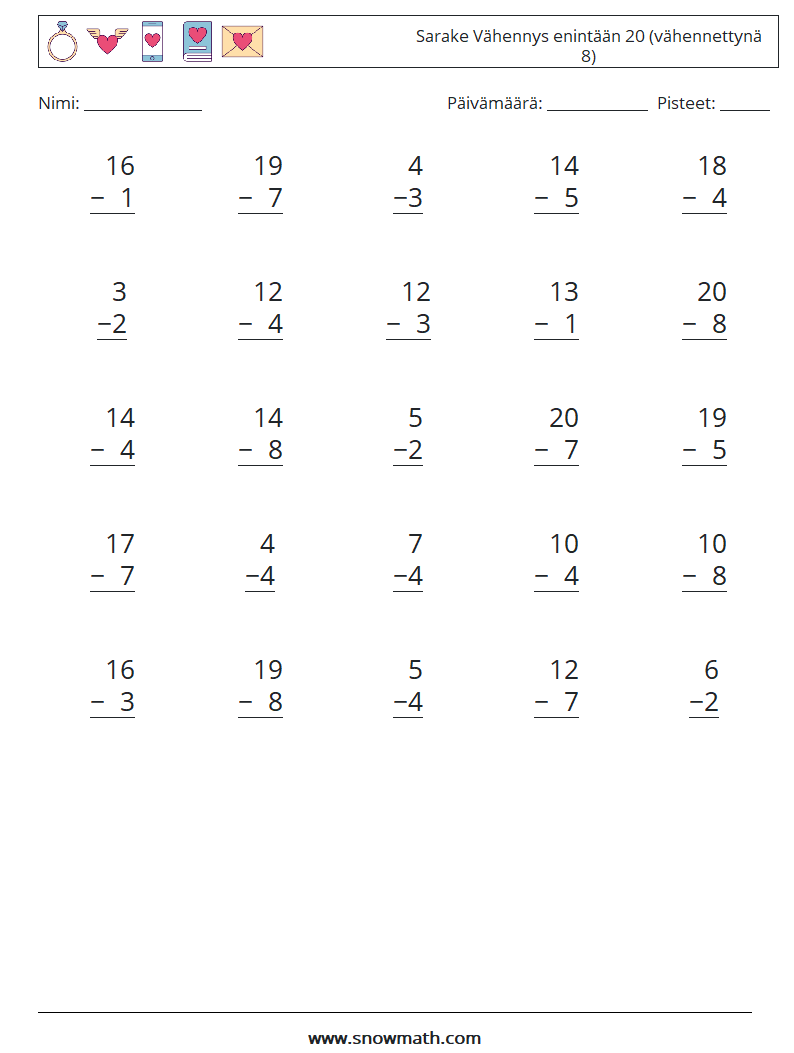 (25) Sarake Vähennys enintään 20 (vähennettynä 8) Matematiikan laskentataulukot 14