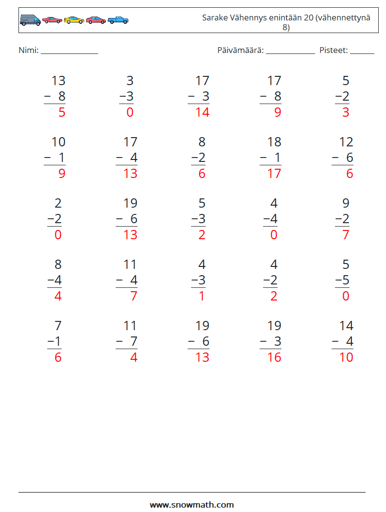 (25) Sarake Vähennys enintään 20 (vähennettynä 8) Matematiikan laskentataulukot 6 Kysymys, vastaus