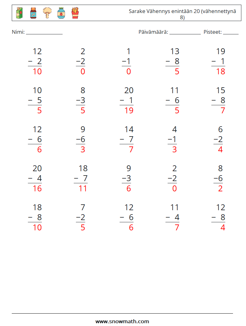 (25) Sarake Vähennys enintään 20 (vähennettynä 8) Matematiikan laskentataulukot 9 Kysymys, vastaus