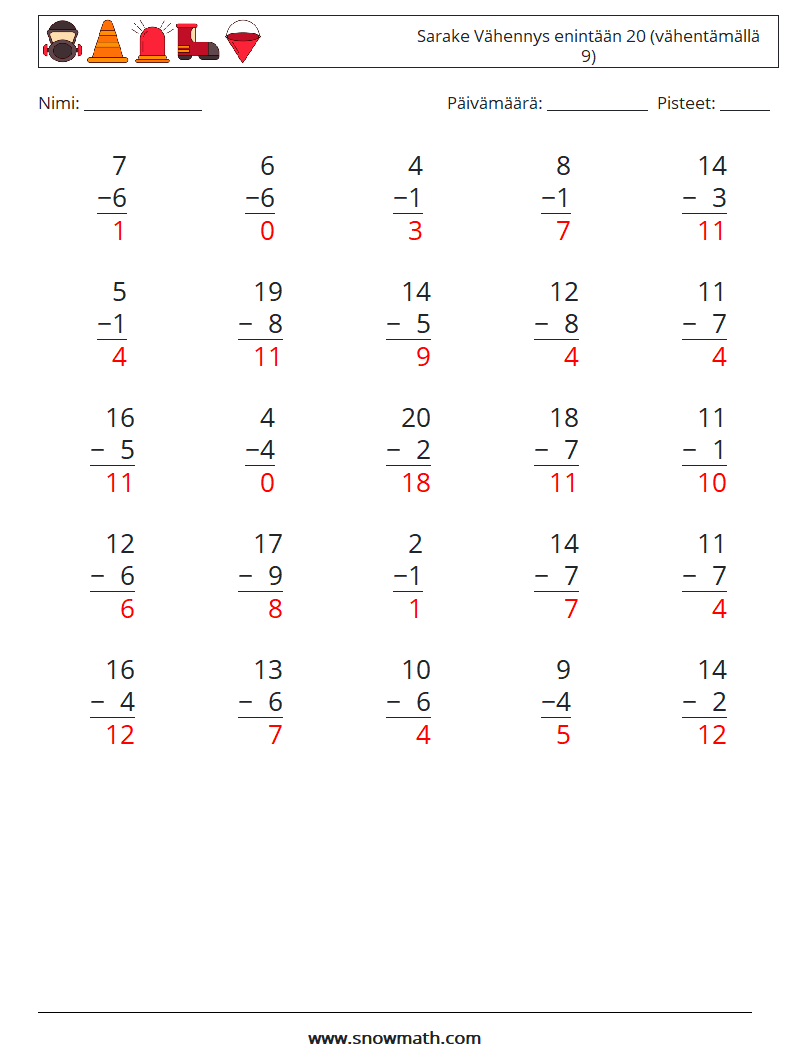 (25) Sarake Vähennys enintään 20 (vähentämällä 9) Matematiikan laskentataulukot 11 Kysymys, vastaus