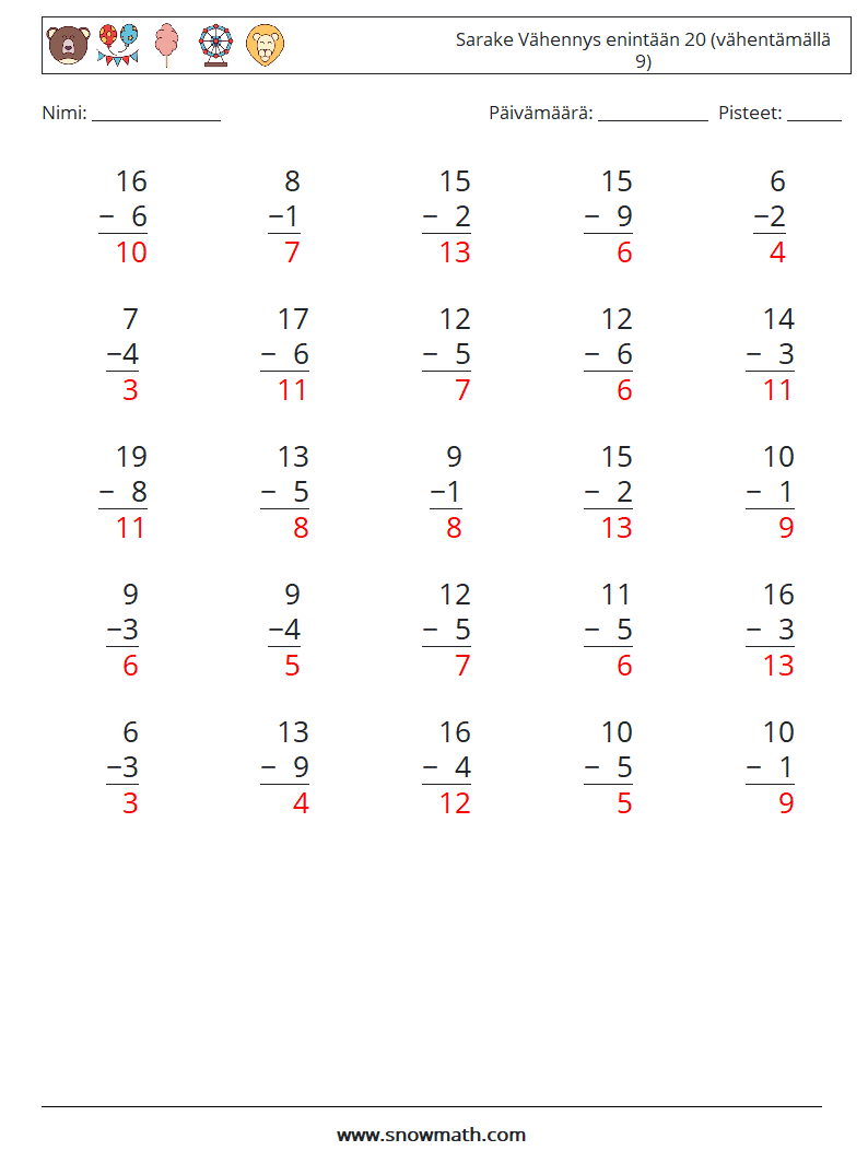 (25) Sarake Vähennys enintään 20 (vähentämällä 9) Matematiikan laskentataulukot 12 Kysymys, vastaus