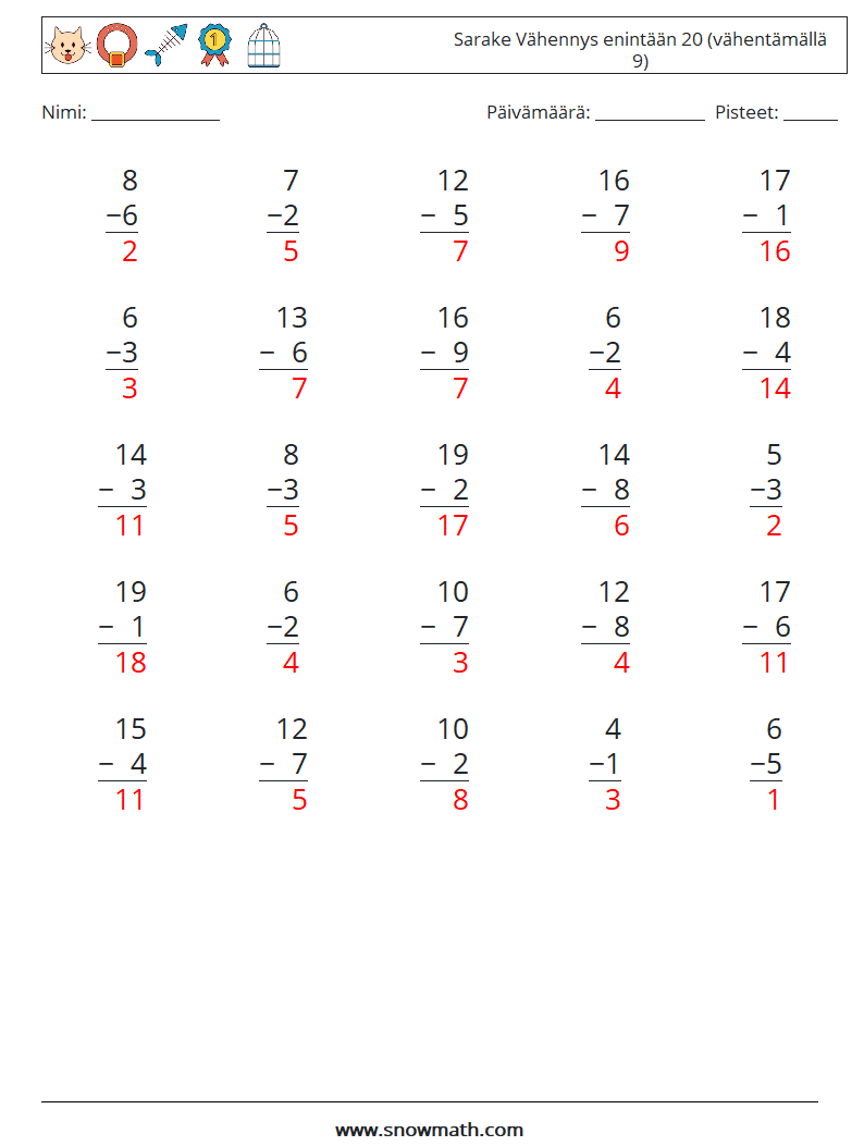 (25) Sarake Vähennys enintään 20 (vähentämällä 9) Matematiikan laskentataulukot 13 Kysymys, vastaus