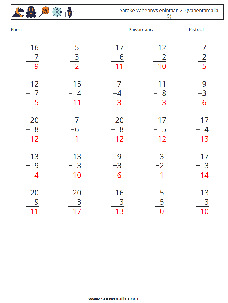 (25) Sarake Vähennys enintään 20 (vähentämällä 9) Matematiikan laskentataulukot 14 Kysymys, vastaus