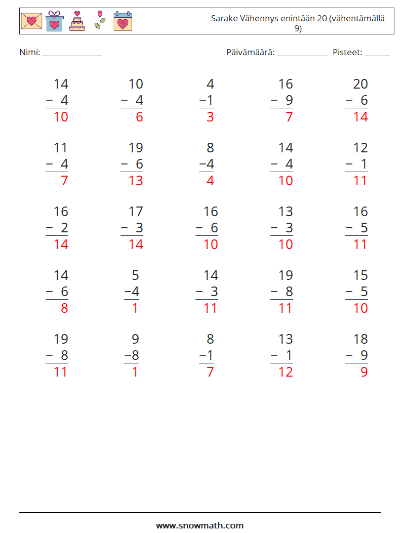 (25) Sarake Vähennys enintään 20 (vähentämällä 9) Matematiikan laskentataulukot 15 Kysymys, vastaus