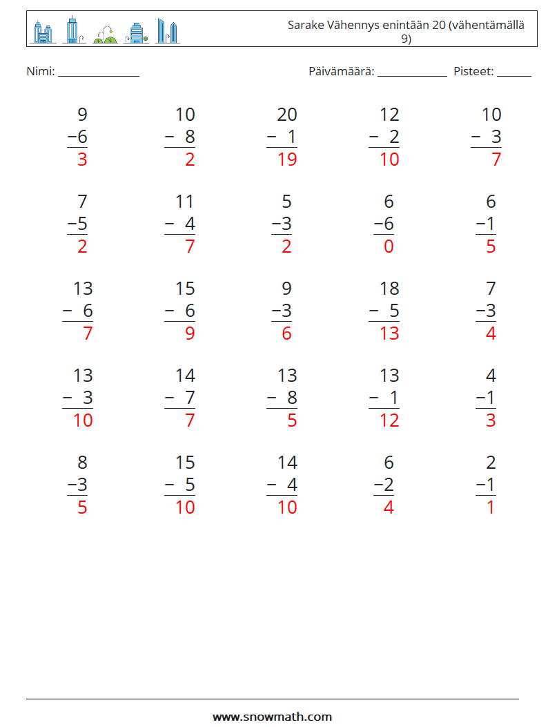 (25) Sarake Vähennys enintään 20 (vähentämällä 9) Matematiikan laskentataulukot 17 Kysymys, vastaus