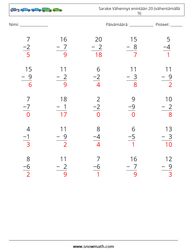 (25) Sarake Vähennys enintään 20 (vähentämällä 9) Matematiikan laskentataulukot 1 Kysymys, vastaus