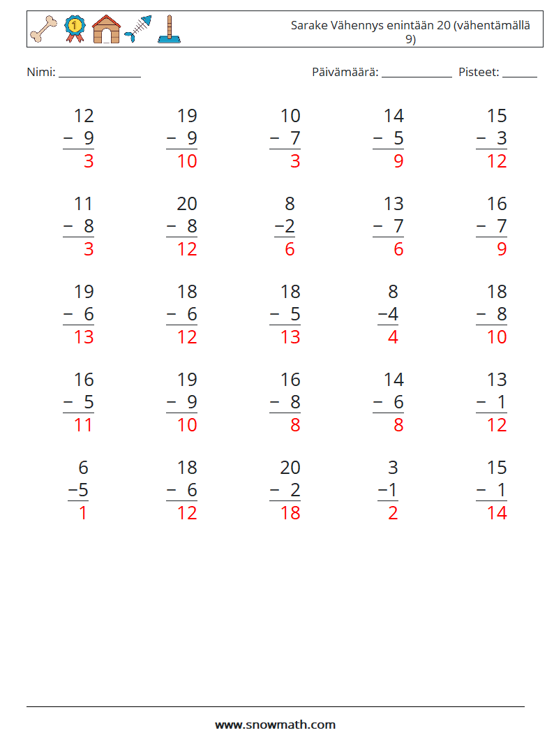 (25) Sarake Vähennys enintään 20 (vähentämällä 9) Matematiikan laskentataulukot 2 Kysymys, vastaus