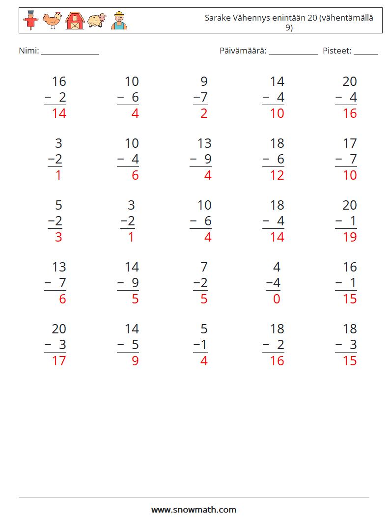 (25) Sarake Vähennys enintään 20 (vähentämällä 9) Matematiikan laskentataulukot 3 Kysymys, vastaus