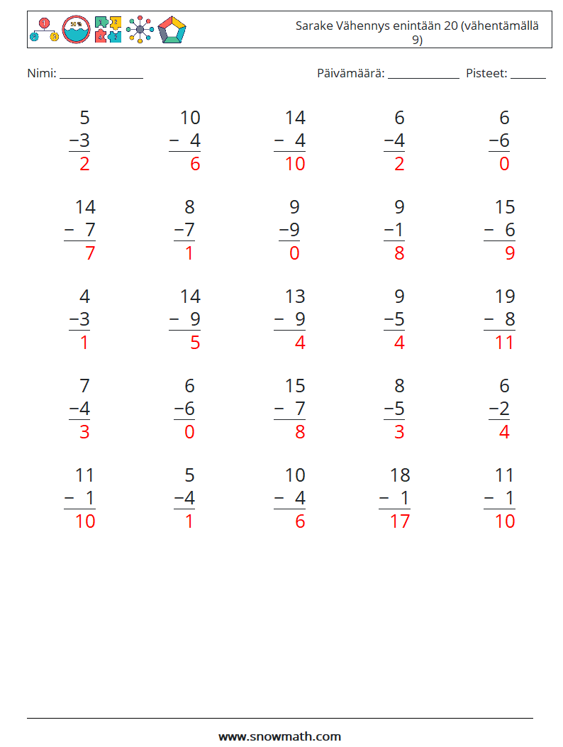 (25) Sarake Vähennys enintään 20 (vähentämällä 9) Matematiikan laskentataulukot 6 Kysymys, vastaus