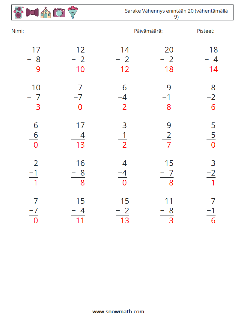 (25) Sarake Vähennys enintään 20 (vähentämällä 9) Matematiikan laskentataulukot 7 Kysymys, vastaus