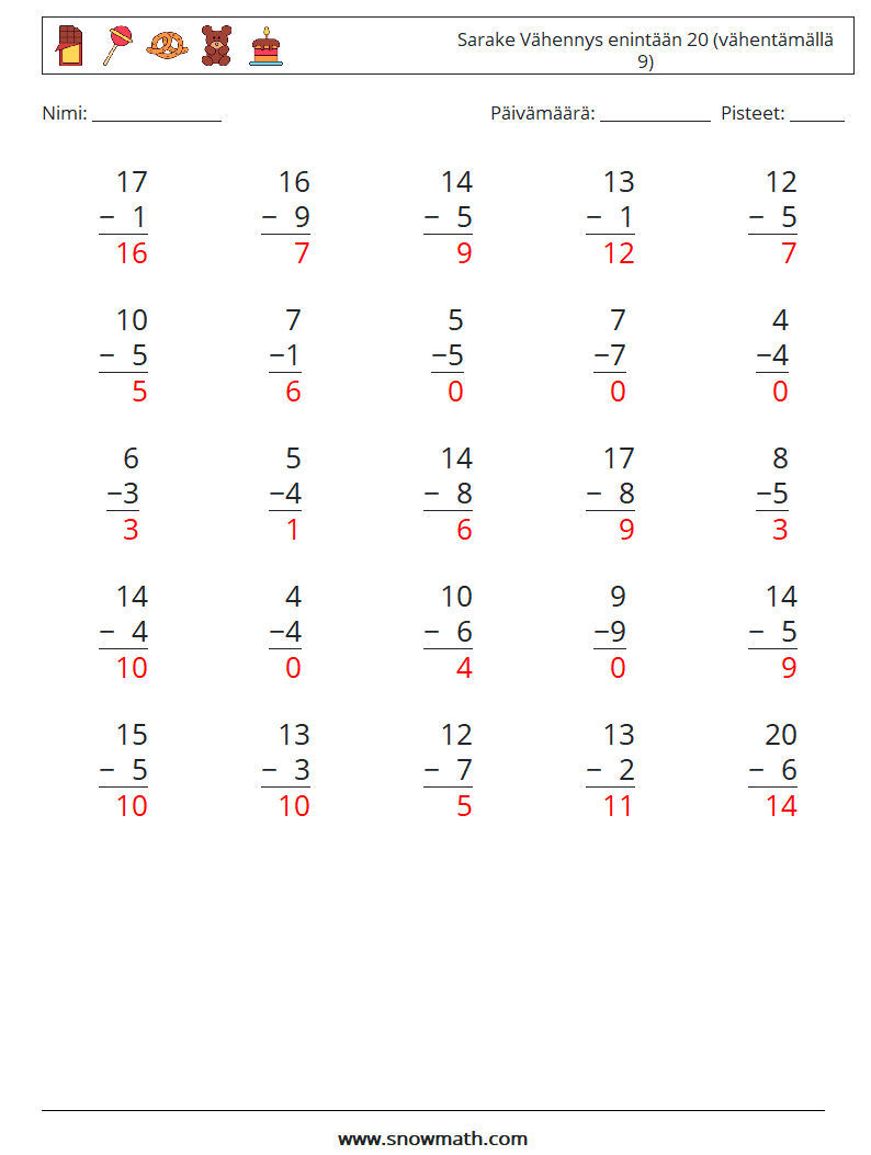 (25) Sarake Vähennys enintään 20 (vähentämällä 9) Matematiikan laskentataulukot 8 Kysymys, vastaus