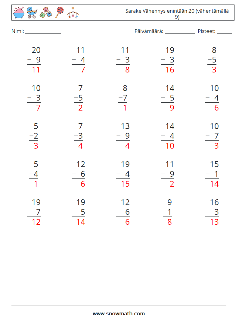 (25) Sarake Vähennys enintään 20 (vähentämällä 9) Matematiikan laskentataulukot 9 Kysymys, vastaus