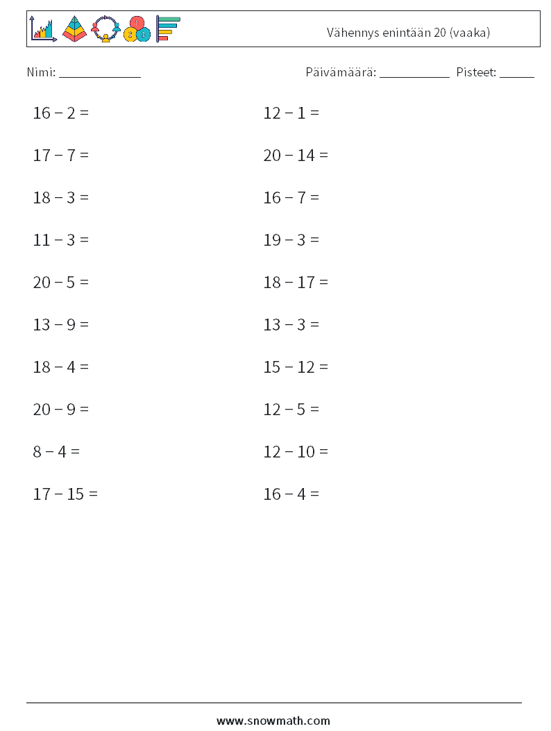 (20) Vähennys enintään 20 (vaaka) Matematiikan laskentataulukot 1