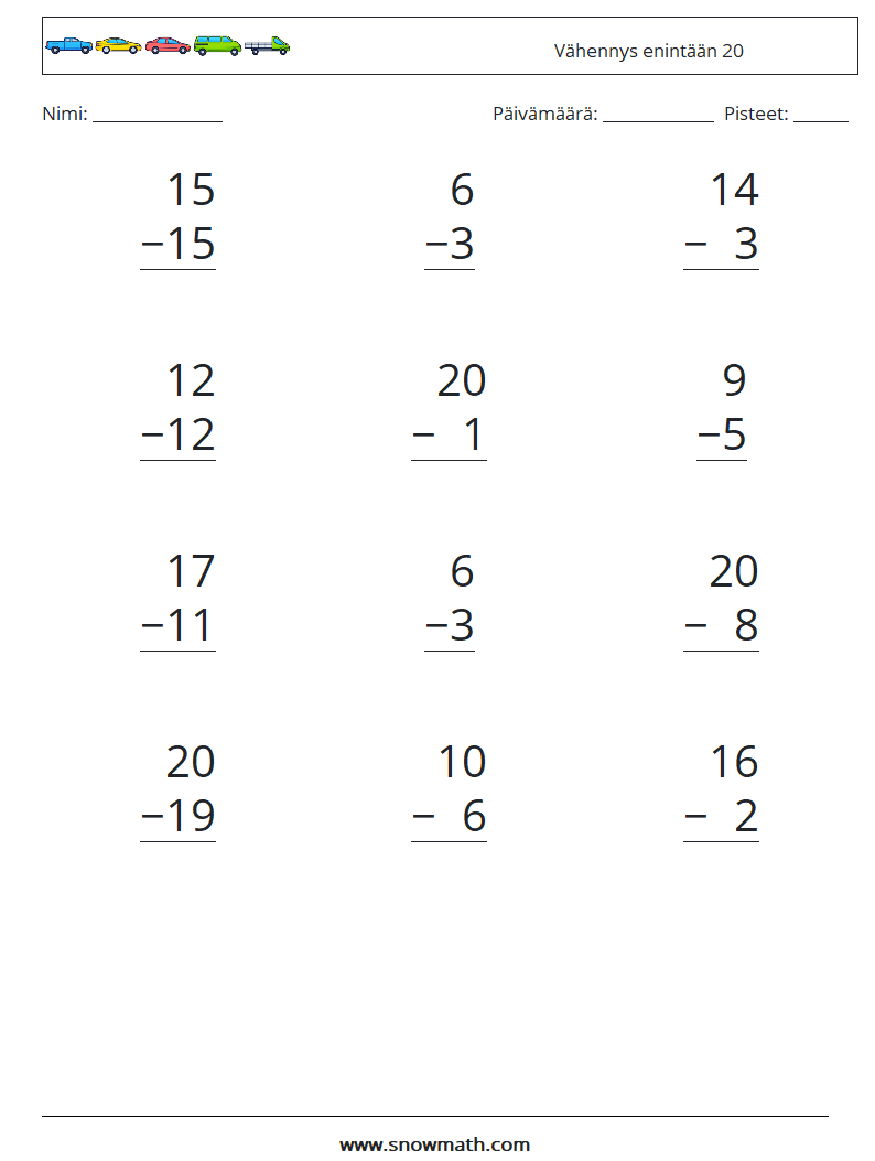 (12) Vähennys enintään 20 Matematiikan laskentataulukot 1