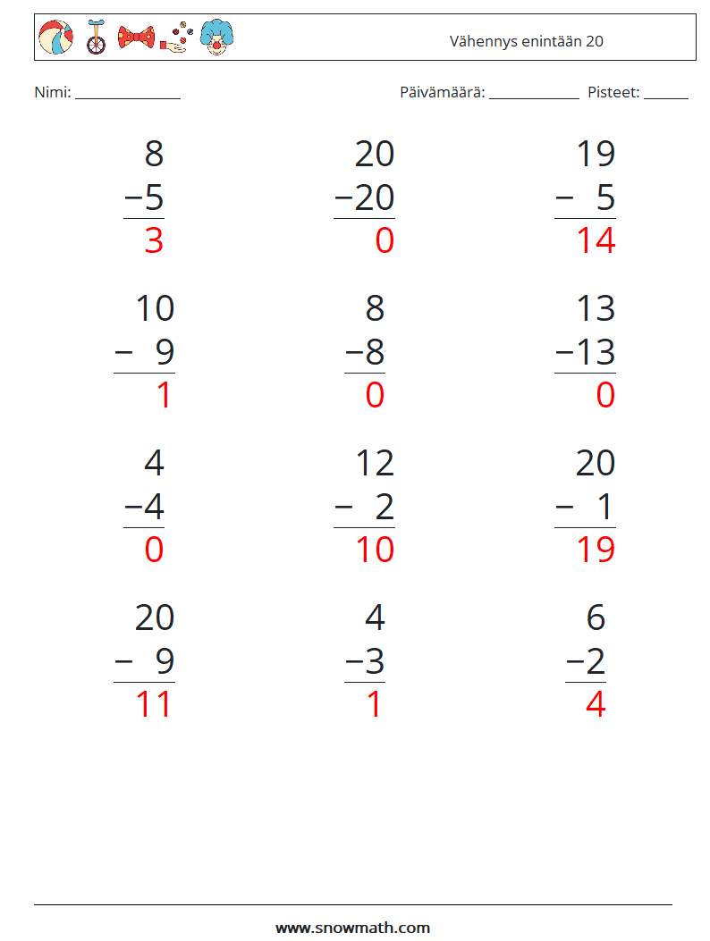 (12) Vähennys enintään 20 Matematiikan laskentataulukot 10 Kysymys, vastaus