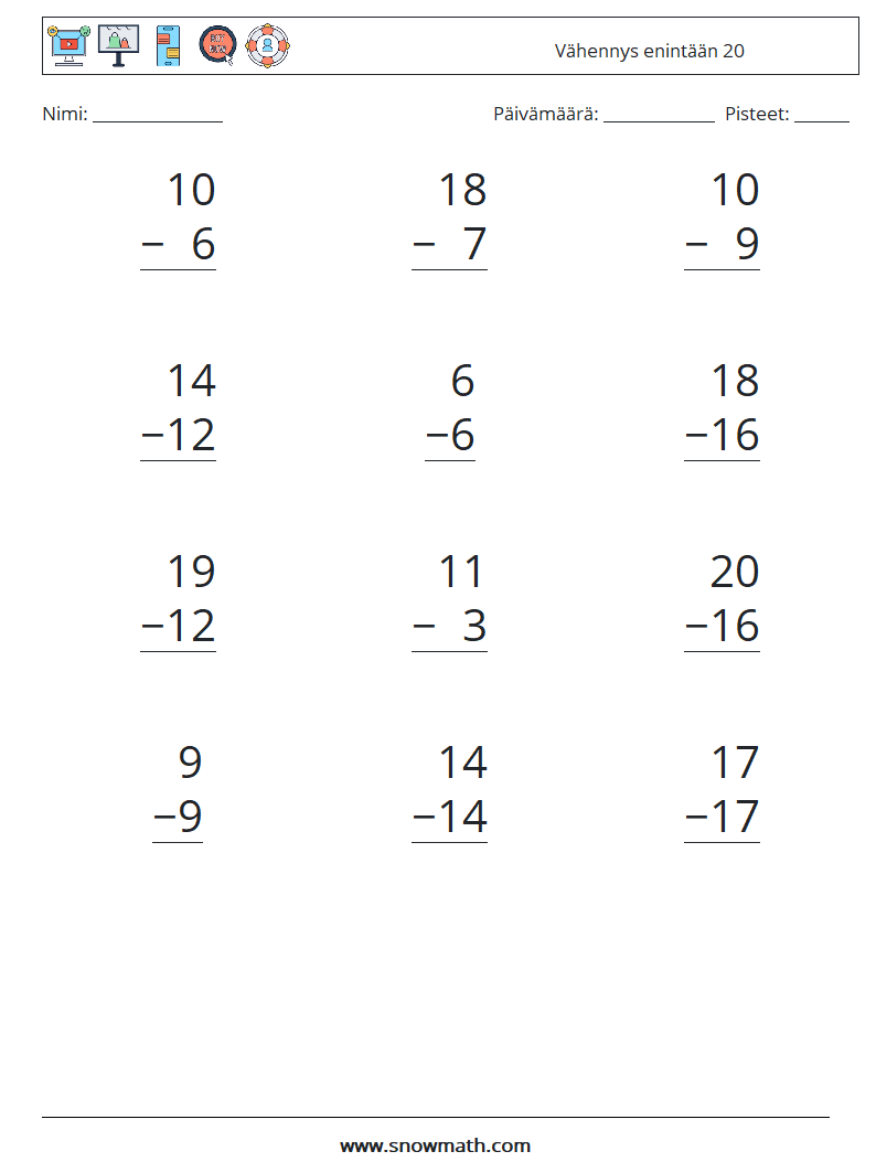 (12) Vähennys enintään 20 Matematiikan laskentataulukot 14