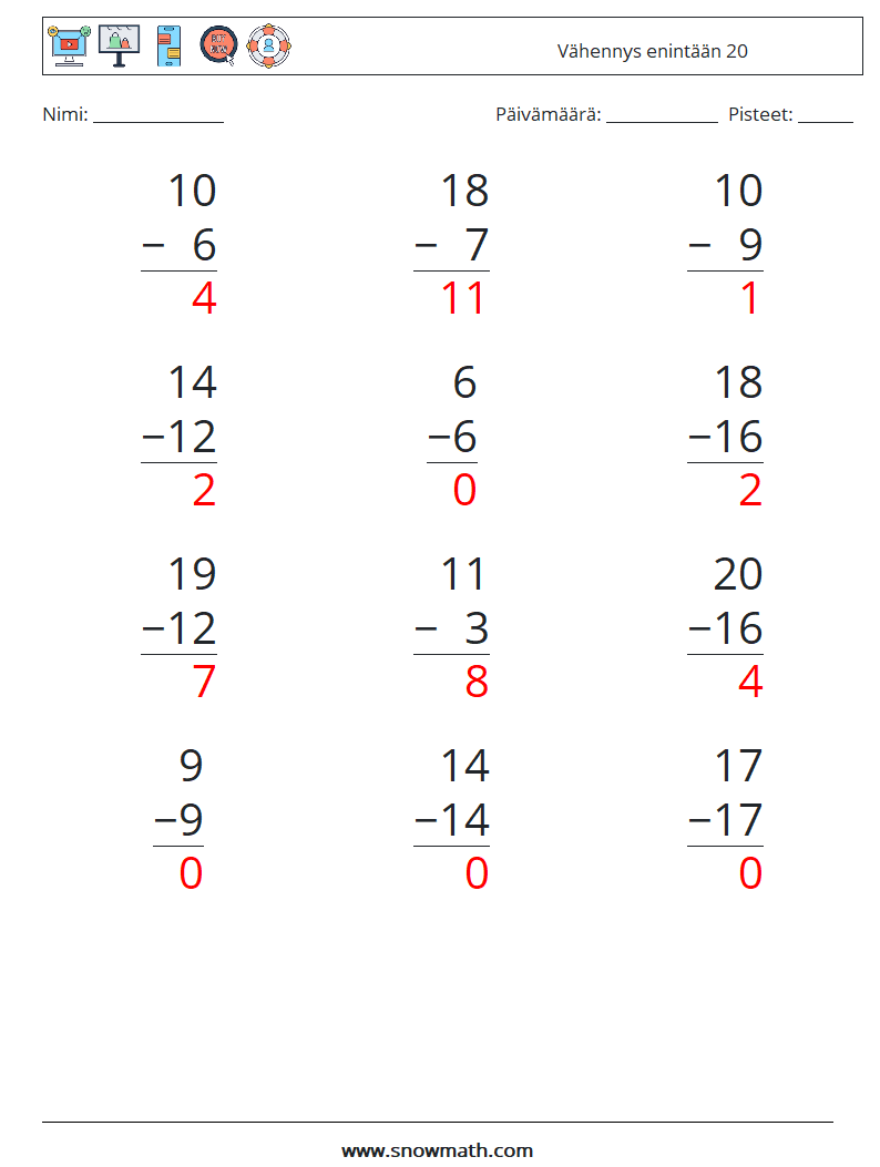 (12) Vähennys enintään 20 Matematiikan laskentataulukot 14 Kysymys, vastaus