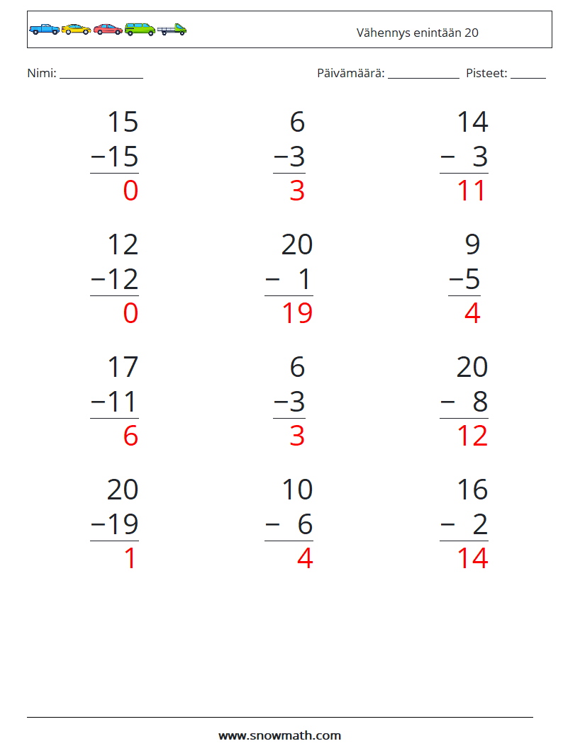 (12) Vähennys enintään 20 Matematiikan laskentataulukot 1 Kysymys, vastaus