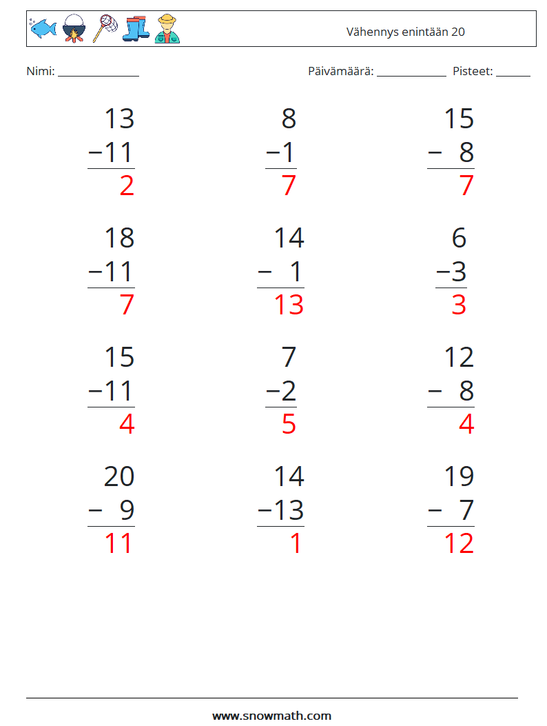 (12) Vähennys enintään 20 Matematiikan laskentataulukot 2 Kysymys, vastaus