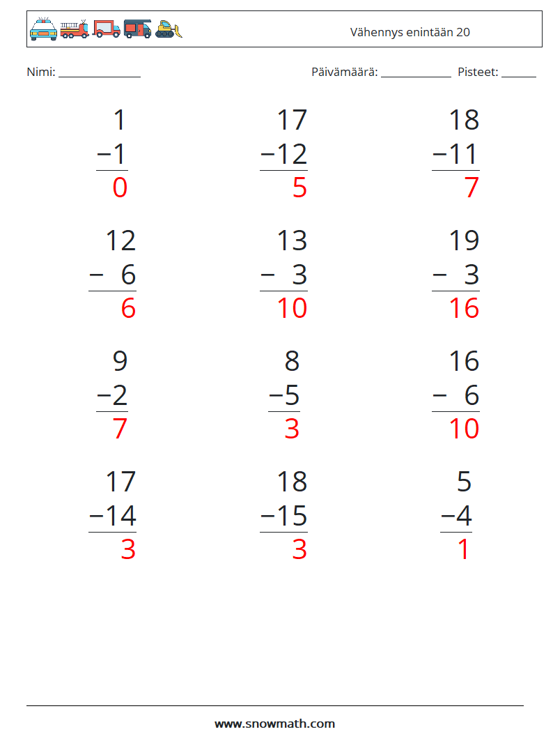 (12) Vähennys enintään 20 Matematiikan laskentataulukot 4 Kysymys, vastaus
