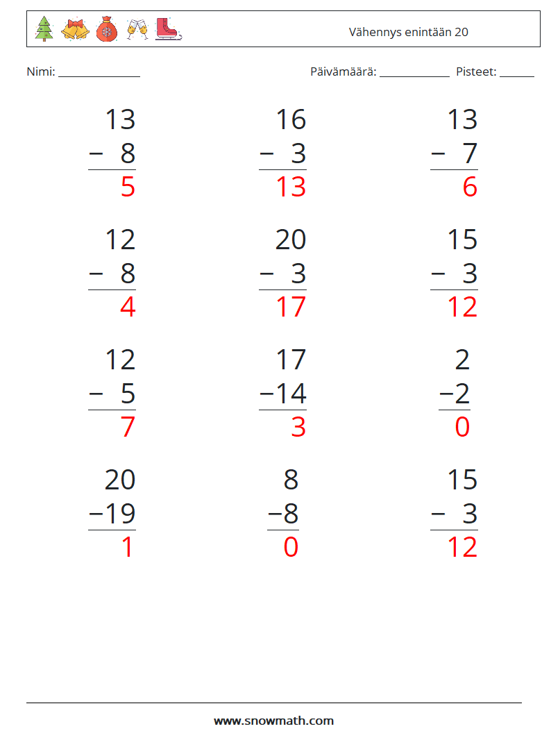 (12) Vähennys enintään 20 Matematiikan laskentataulukot 5 Kysymys, vastaus