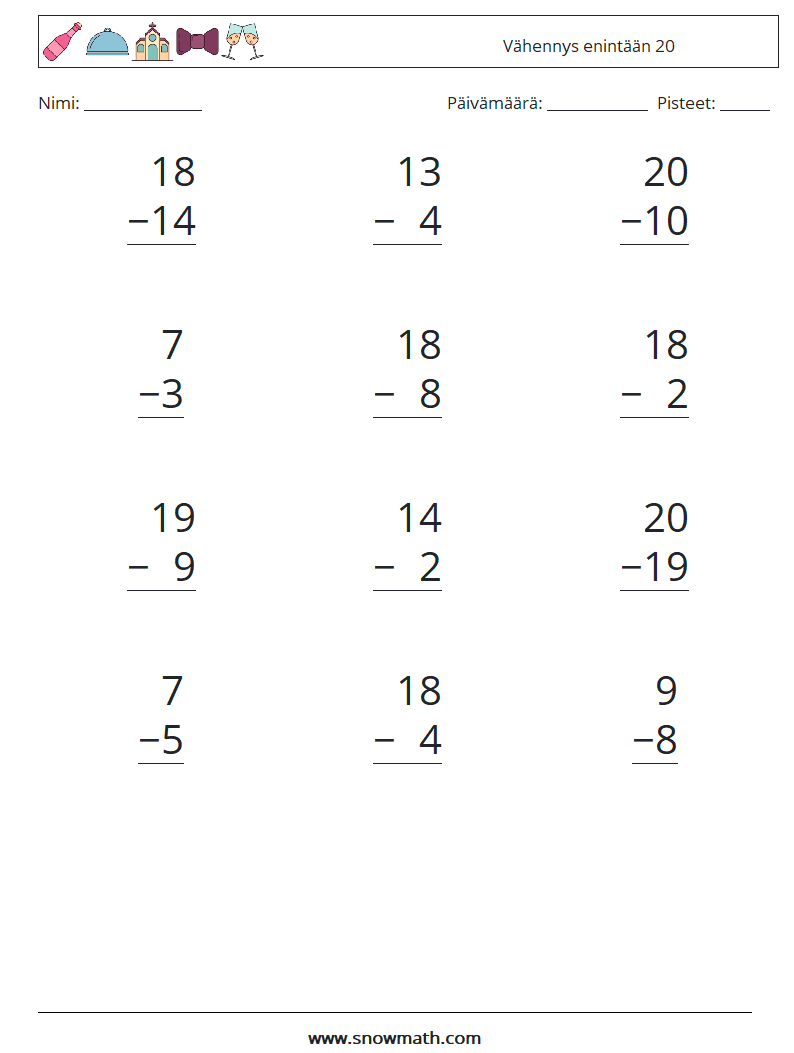 (12) Vähennys enintään 20 Matematiikan laskentataulukot 6