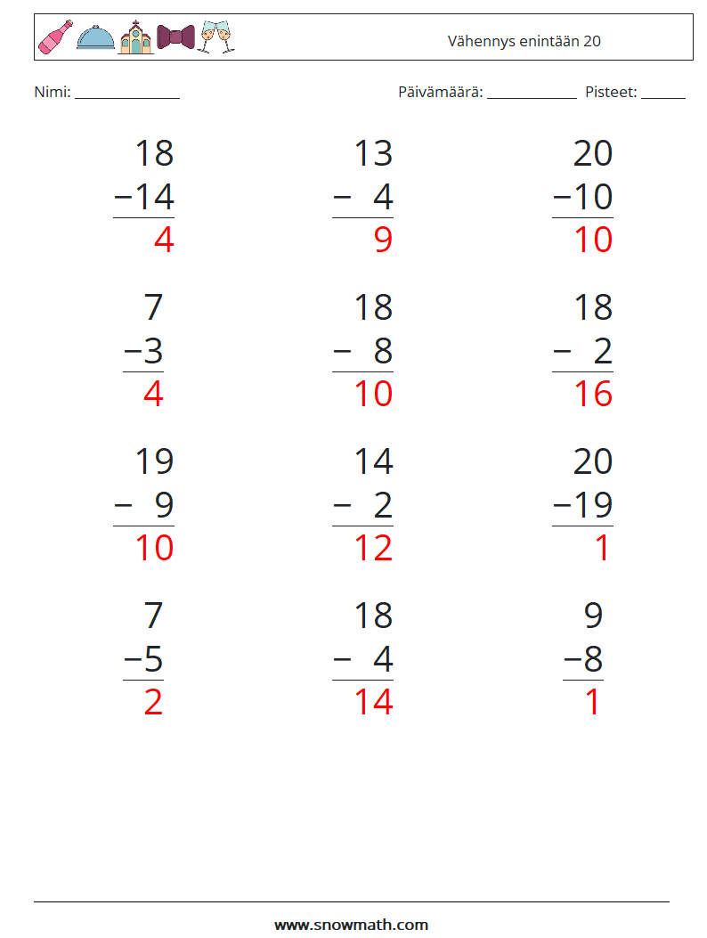 (12) Vähennys enintään 20 Matematiikan laskentataulukot 6 Kysymys, vastaus