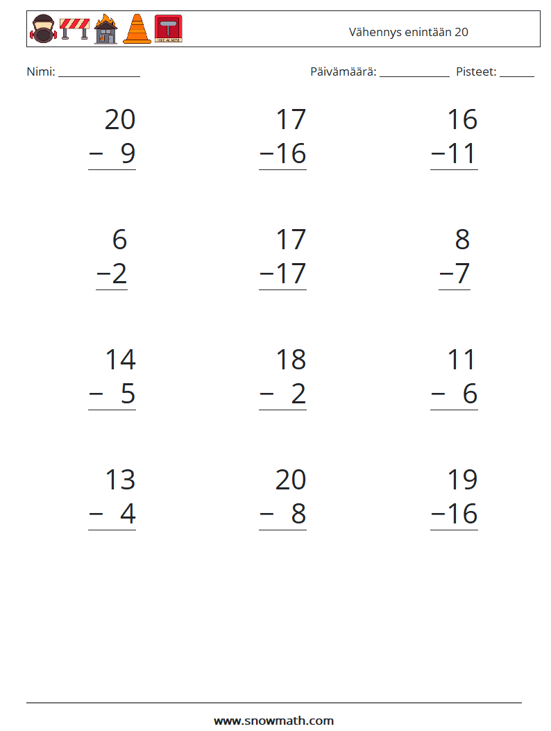 (12) Vähennys enintään 20 Matematiikan laskentataulukot 7