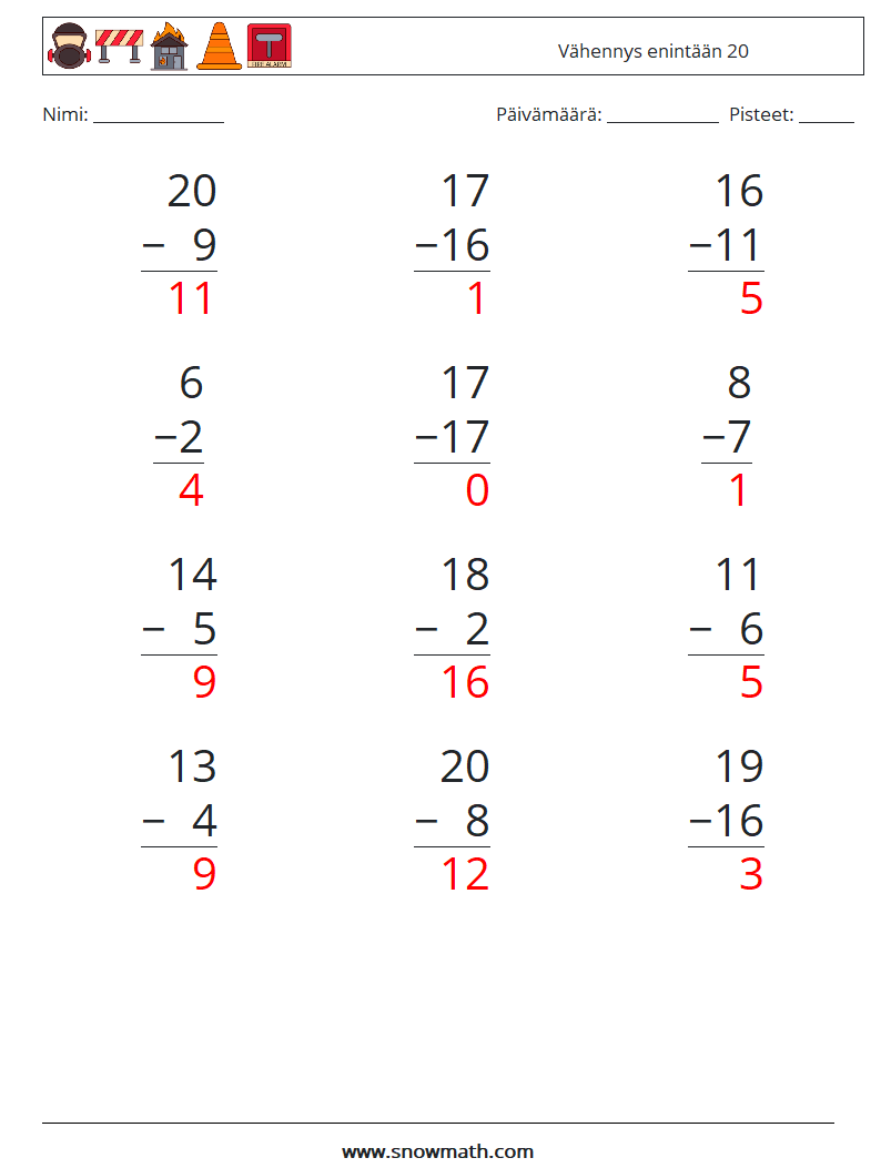 (12) Vähennys enintään 20 Matematiikan laskentataulukot 7 Kysymys, vastaus