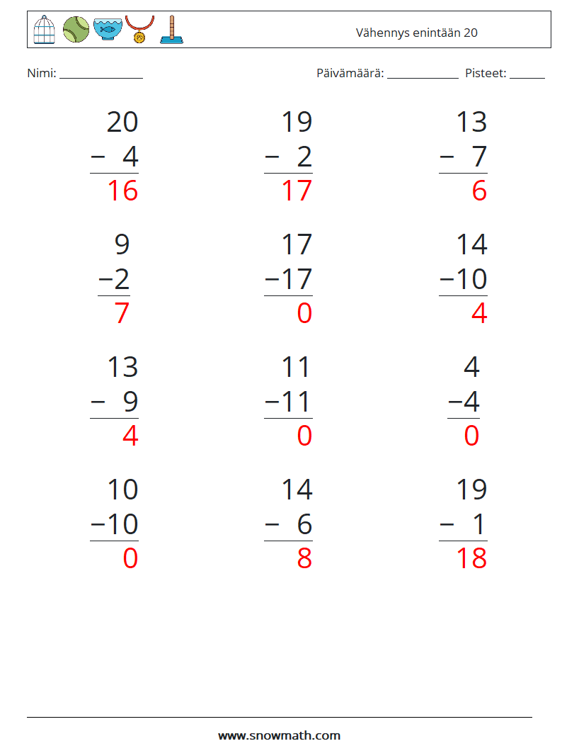 (12) Vähennys enintään 20 Matematiikan laskentataulukot 8 Kysymys, vastaus