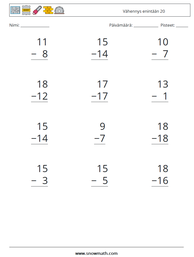 (12) Vähennys enintään 20 Matematiikan laskentataulukot 9