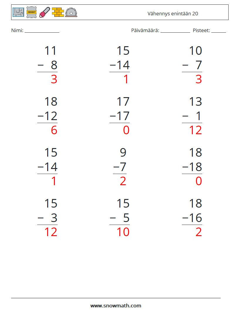 (12) Vähennys enintään 20 Matematiikan laskentataulukot 9 Kysymys, vastaus