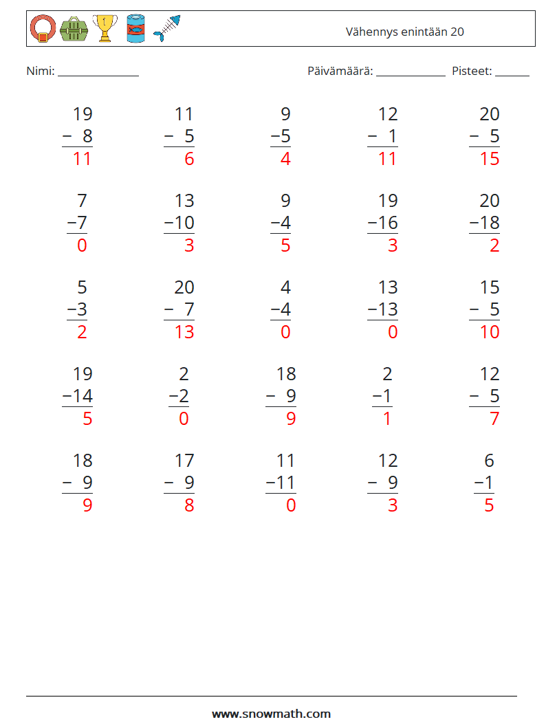 (25) Vähennys enintään 20 Matematiikan laskentataulukot 10 Kysymys, vastaus