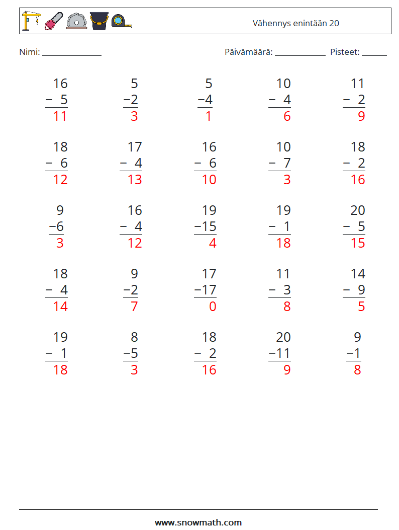 (25) Vähennys enintään 20 Matematiikan laskentataulukot 11 Kysymys, vastaus