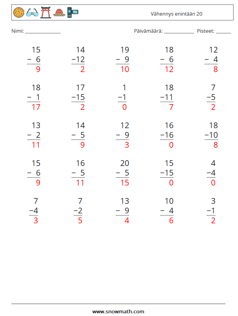 (25) Vähennys enintään 20 Matematiikan laskentataulukot 12 Kysymys, vastaus