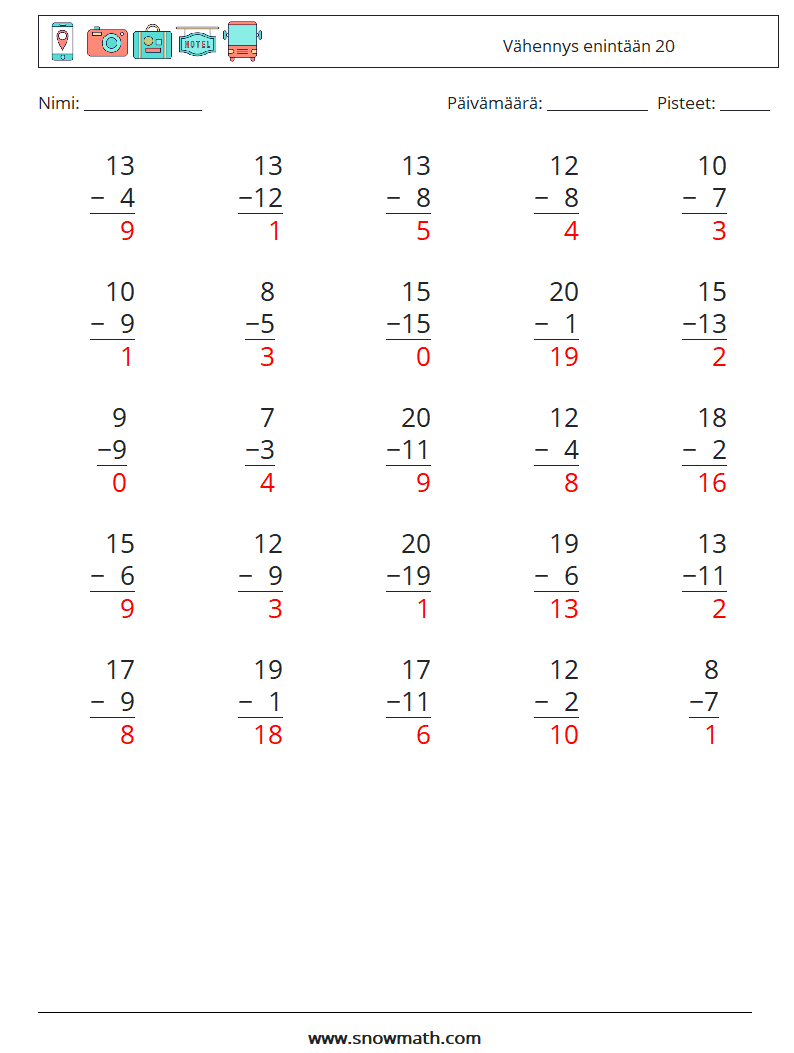 (25) Vähennys enintään 20 Matematiikan laskentataulukot 14 Kysymys, vastaus