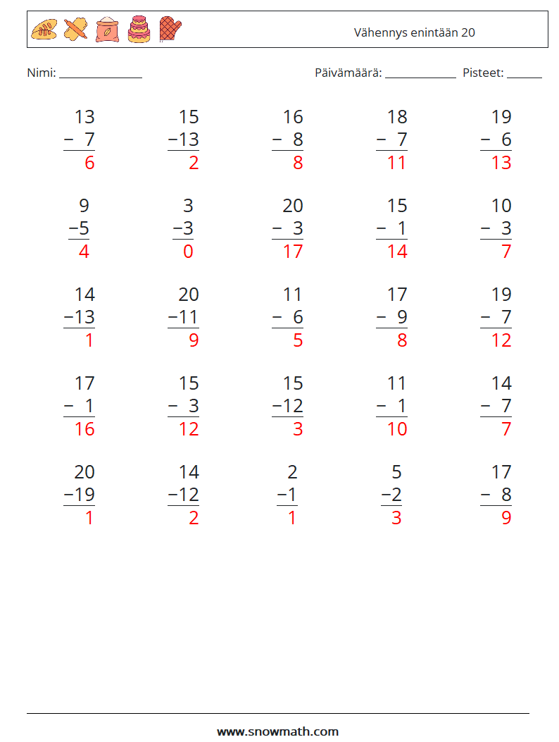 (25) Vähennys enintään 20 Matematiikan laskentataulukot 16 Kysymys, vastaus