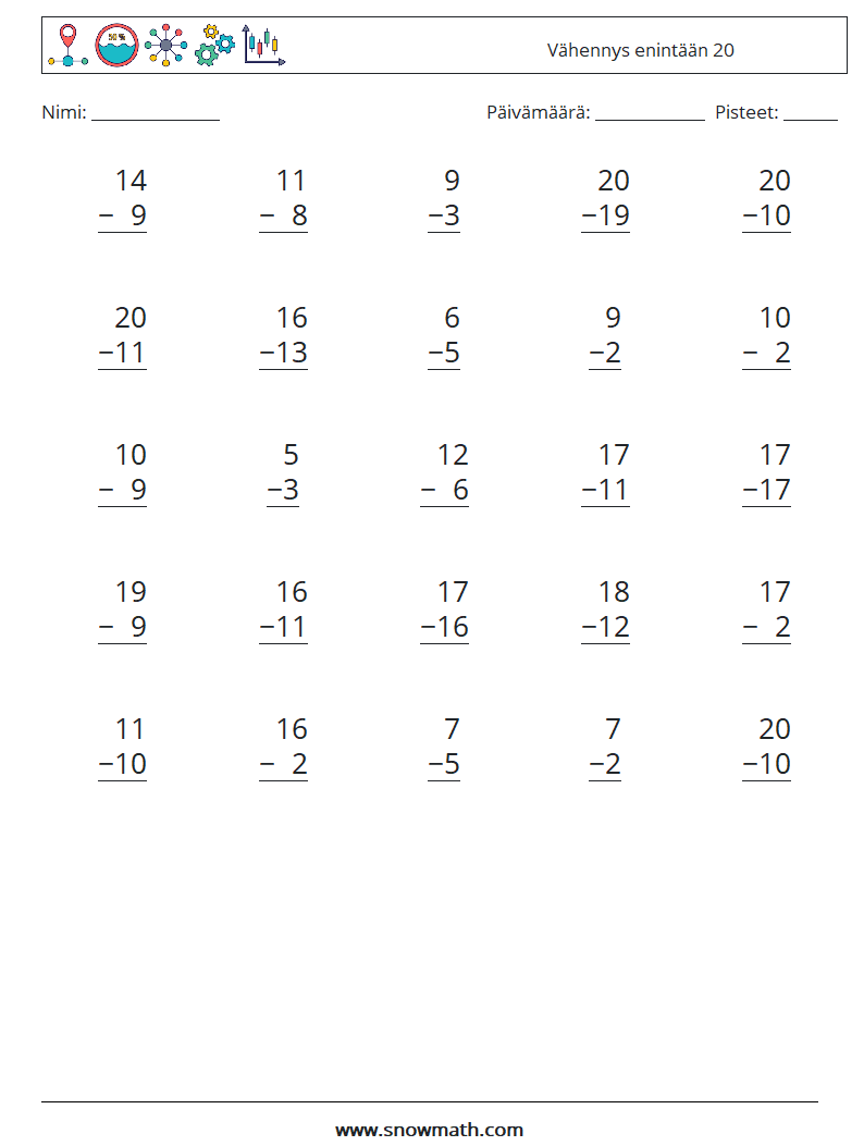 (25) Vähennys enintään 20 Matematiikan laskentataulukot 18