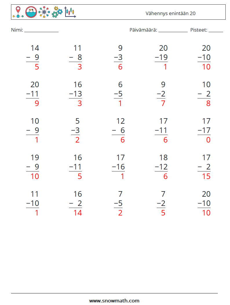 (25) Vähennys enintään 20 Matematiikan laskentataulukot 18 Kysymys, vastaus