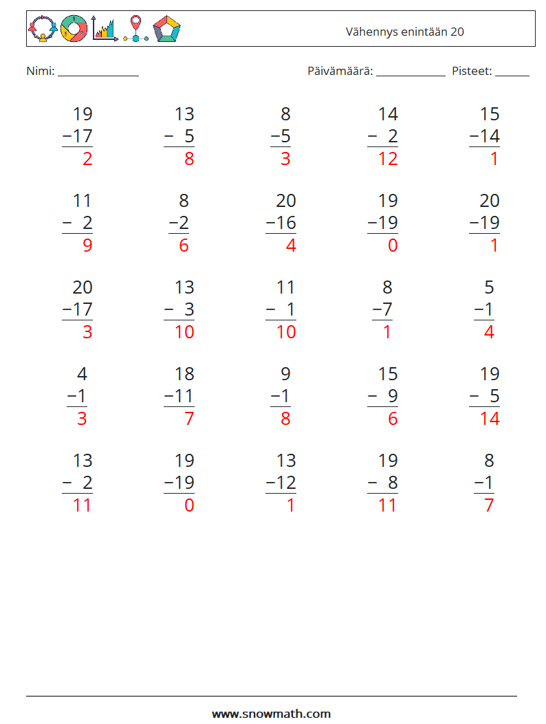 (25) Vähennys enintään 20 Matematiikan laskentataulukot 1 Kysymys, vastaus