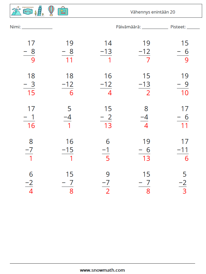 (25) Vähennys enintään 20 Matematiikan laskentataulukot 2 Kysymys, vastaus